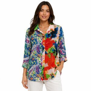 Pleats Collection Tunic Blouse Womens Medium Multicolor Floral Button Front Top